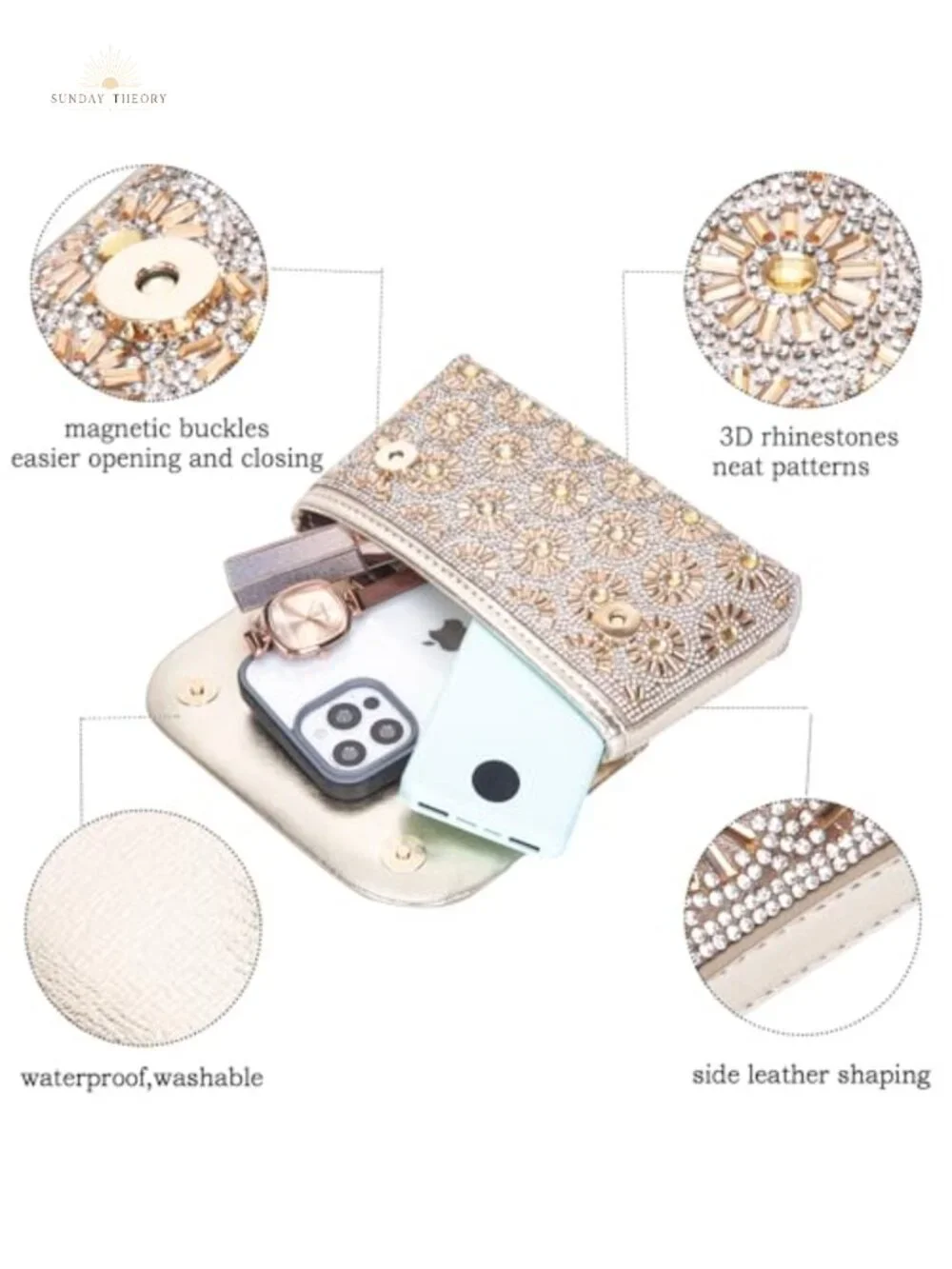Rhinestone Evening Bag with Chain - Clutch Purse for Women